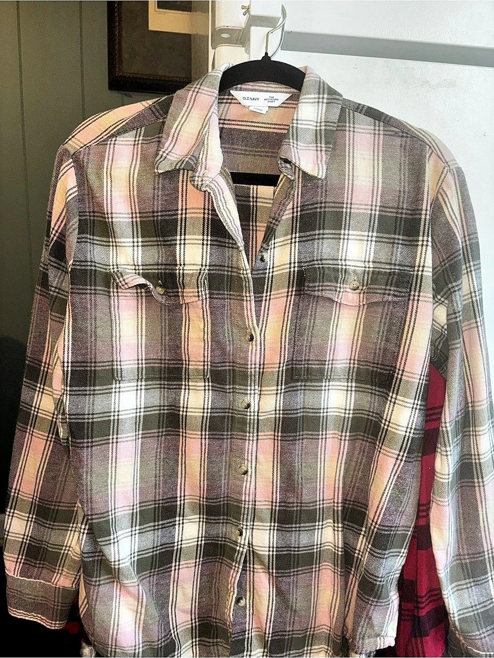 Old Navy The Boyfriend Shirt Plaid Button Down in Pink & Brown Medium